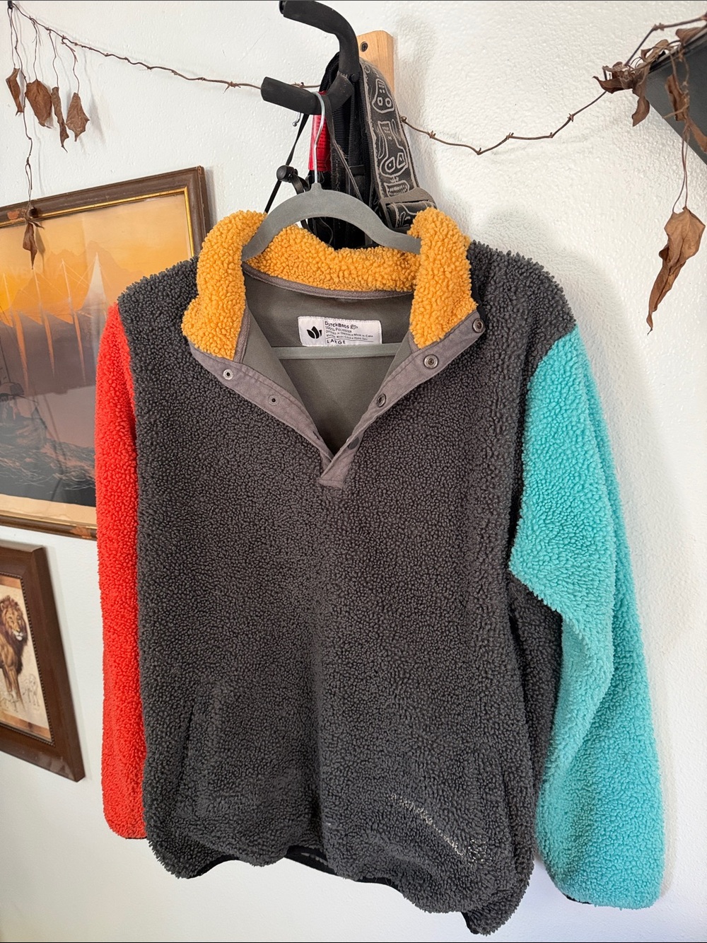 Dutch Bros Colorblock Sherpa Pullover - Charcoal, Orange, Red & Teal